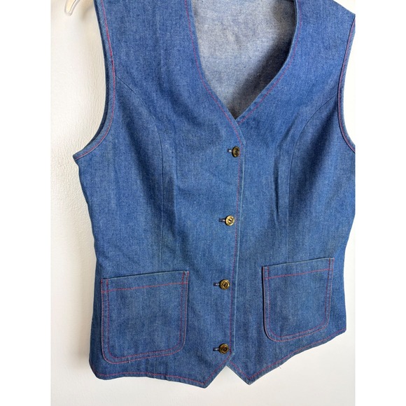 VTG 70s Joyce Blue Denim Vest Medium Red Stitching Shotgun Shell Buttons Western - Picture 2 of 8